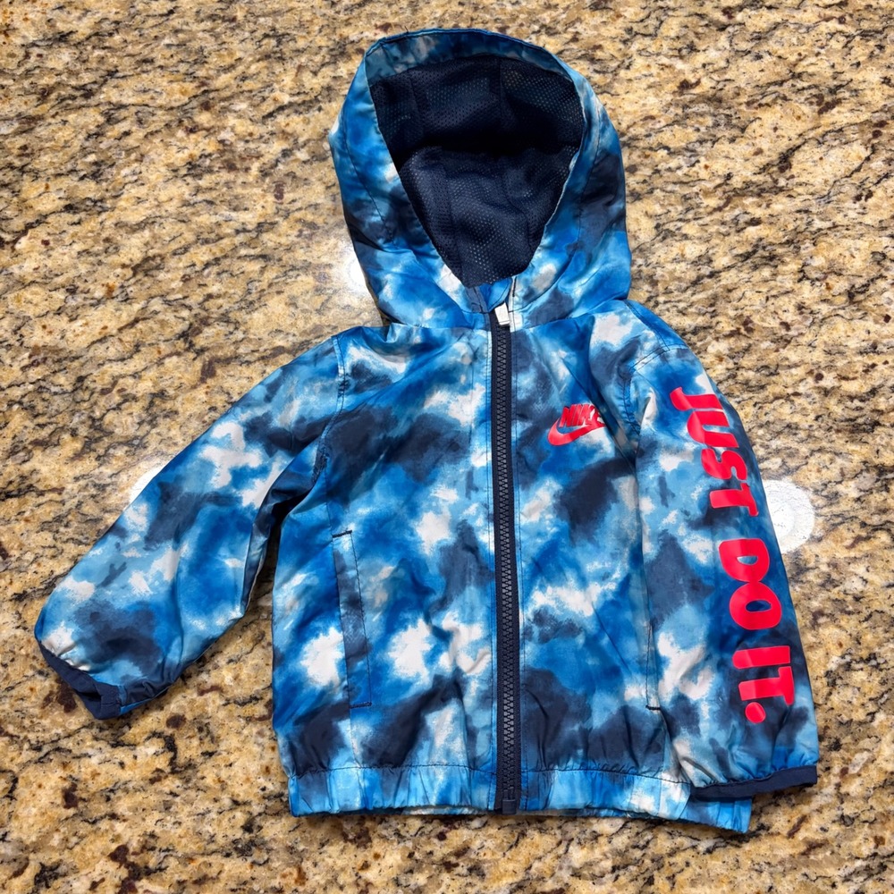 Nike Infant 12M Blue Tie Dye Windbreaker Hooded Jacket Just Do It Logo